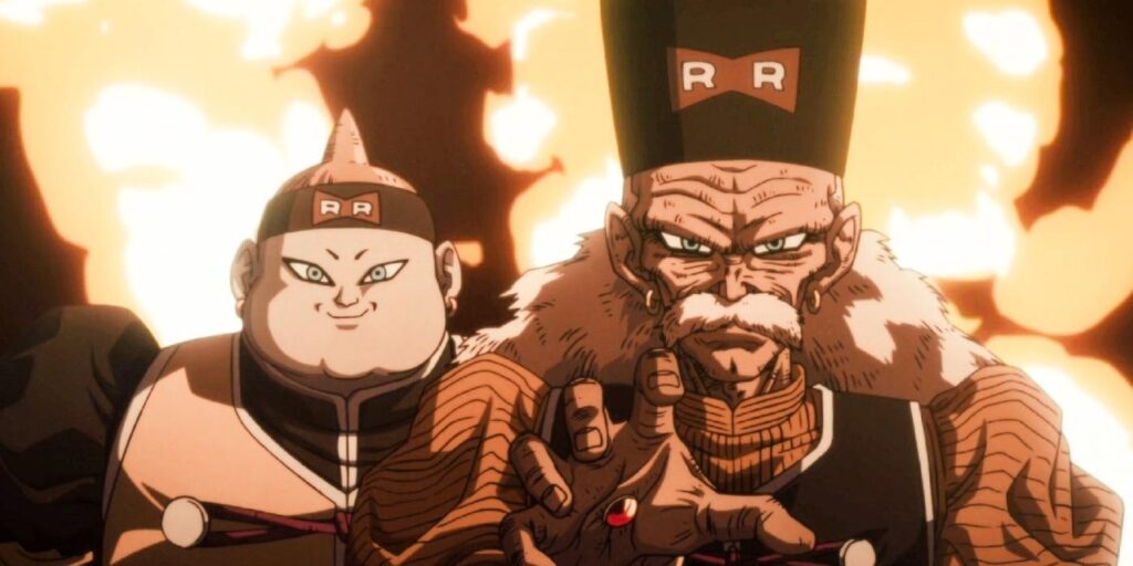 Dragonball Z Androids 19 and 20 with an explosion behind them
