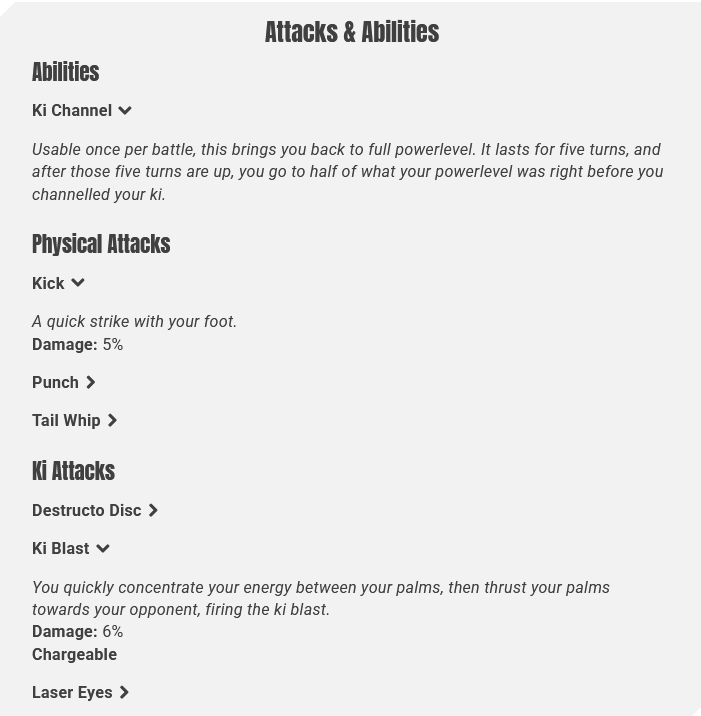 Planet Mado Browser-Based DBZ MMORPG Character Abilities Screenshot