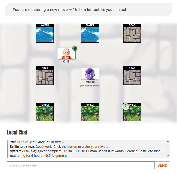 Planet Mado Browser-Based DBZ MMORPG Character Page Screenshot